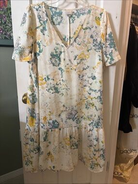 a new day Cream  Dress with Yellow & Teal Abstract Print